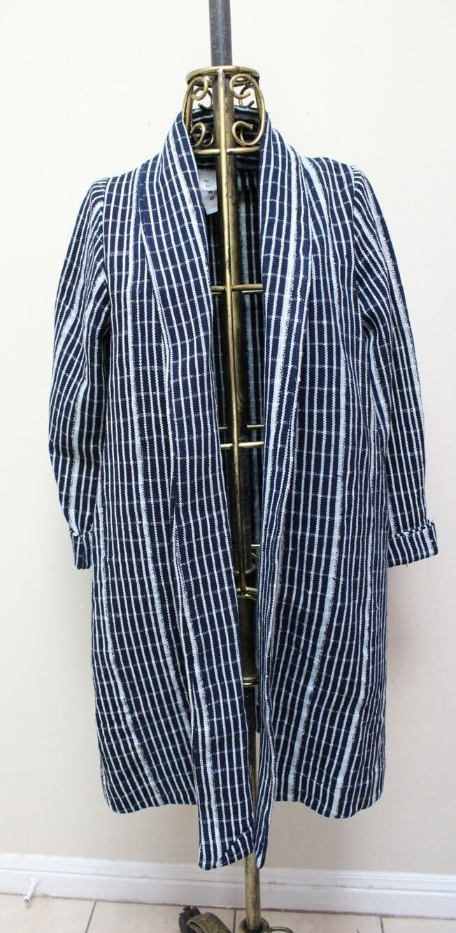 Osei Duro Navy Blue Theca Striped Grid Open Front Cardigan Jacket Coat XS